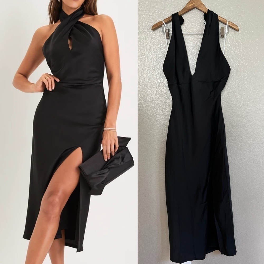 Beyond Classy Black Satin Halter Midi Dress
